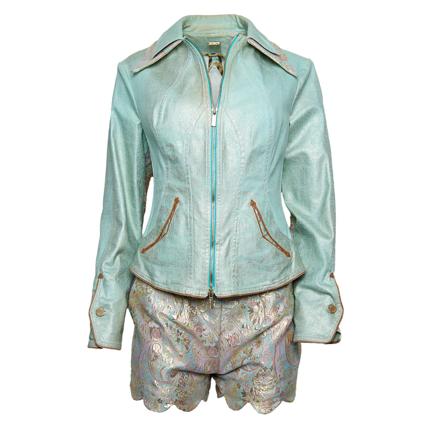 CUSTOM TEAL BROCADE ZIP UP JACKET