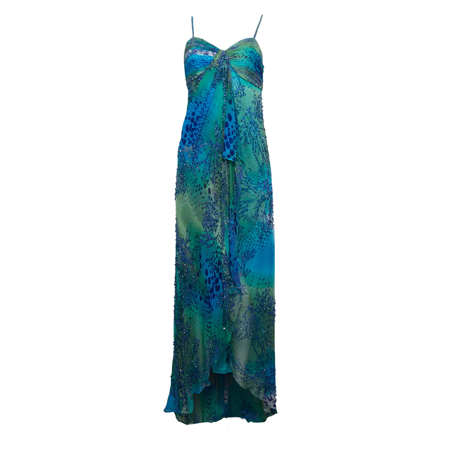 BEADED BLUE AND GREEN CORAL MOTIF DRESS